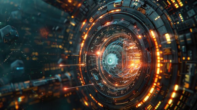 The image is depicting the concept of a futuristic spaceship engine. The engine is composed of multiple concentric rings, each one glowing with a different intensity. The rings are connected by a