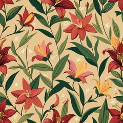 seamless pattern of tiny lilies and leaves, Generative AI