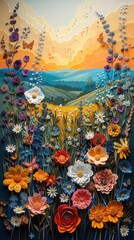 Fototapeta premium A paper-cut meadow filled with colorful wildflowers, butterflies, and a distant tree line.