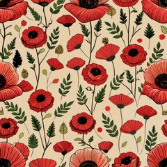 seamless pattern of tiny poppies and foliage, Generative AI