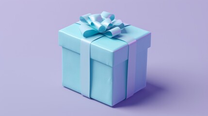 Obraz premium Gift box wrapped in sky blue gift paper with a red satin ribbon and bow on light purple background. Premium present for a holiday, birthday or Christmas.
