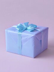 Obraz premium Gift box wrapped in sky blue gift paper with a red satin ribbon and bow on light purple background. Premium present for a holiday, birthday or Christmas.