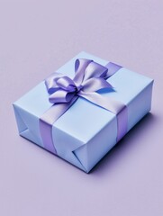 Gift box wrapped in sky blue gift paper with a red satin ribbon and bow on light purple background. Premium present for a holiday, birthday or Christmas.