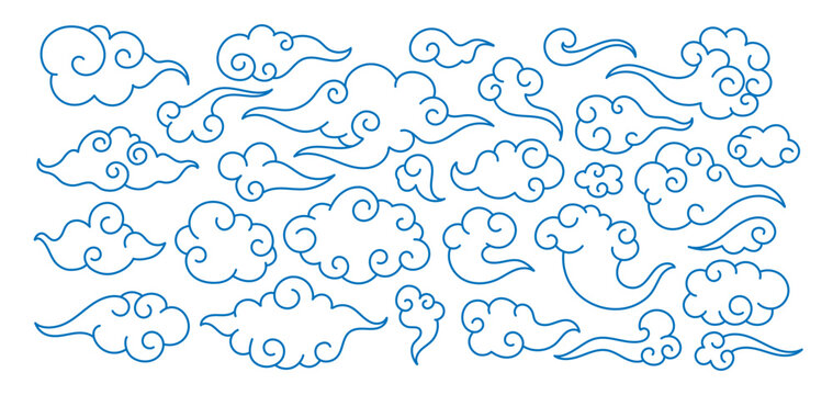 Chinese clouds. Traditional oriental cloudy element. Cartoon Asian line clouds shape. China decorative festive and holiday ornaments. Swirl blue cloud in sky. Doodle outline vector set