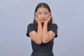Asian Woman with Curly Long Hair Isolated on White Background
