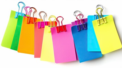 Assorted colorful notes with paperclip, isolated against white