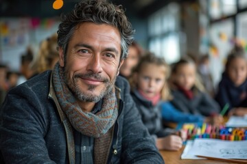 A friendly teacher smiles warmly while sitting with students in a classroom, engaged in a creative activity, fostering a positive learning environment rich in creativity.