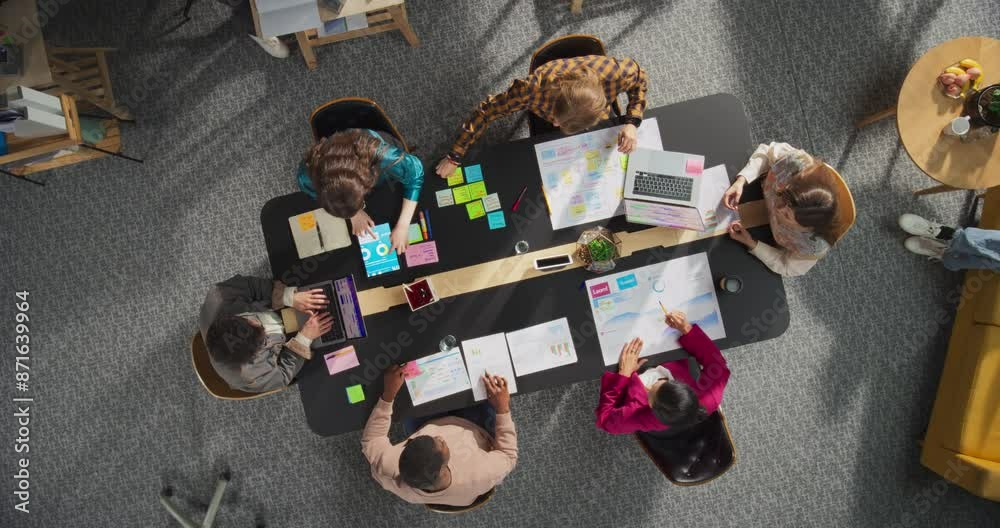 Aufkleber top down view of creative startup office meeting room: diverse coworkers using laptop computers at t