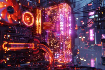 High tech cyberpunk city with neon lights and advanced technology highlighting a futuristic urban landscape with intricate details and vibrant colors