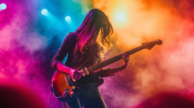 A vibrant scene of a female rocker electrifying the stage with her guitar amidst cheering fans.
