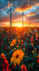 Sunset Over Renewable Energy Field with Solar Panels and Wind Turbines Amidst Vibrant Wildflowers, Capturing Sustainability and Natural Beauty
