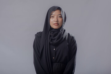 Asian Hijab Woman Wearing Black Dress