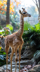 Young Giraffe Stands Gracefully in Lush Green Setting at Valencia Zoo Bio Parc During Calm Morning