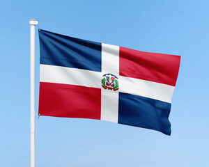 Dominican Republic flag on stick on sky background. Realistic flag illustration