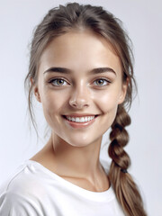 Naklejka premium A girl beautiful eyes in white t-shirt with healthy skin super realistic white studio background.