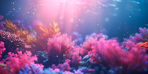 Fototapeta premium Glowing Neon Coral Reef Underwater Scene with Magical Colorful Backdrop for Beauty and Health Products Concept