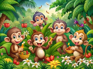 Naklejka premium Adorable cartoon monkey friends playfully surround palm trees, munching on juicy bananas in their lush jungle home, surrounded by vibrant green foliage and exotic flowers.
