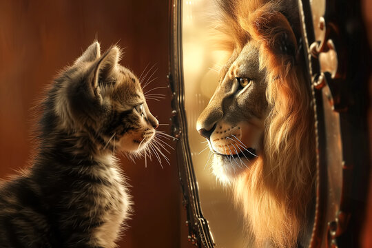 A kitten looks at a mirror, seeing a male lion reflected inside. The concept of self-perception, potential, and inner strength. Generative AI.