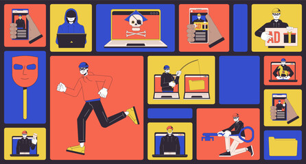 Cyber frauds bento grid illustration set. Robber scammers with mobile phones, laptops 2D vector image collage design graphics collection. Computer hackers crimes flat characters moodboard layout