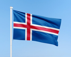 Iceland flag on stick on sky background. Realistic flag illustration