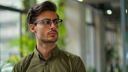 Obraz premium Confident professional in green shirt and fashionable glasses, glancing aside with a positive outlook