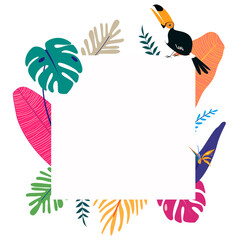 Colorful botanical frame png with tropical leaves and toucan bird, transparent background © Rawpixel.com