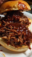 BBQ pulled pork Pulled pork being mixed with BBQ sauce, then piled onto a sandwich bun
