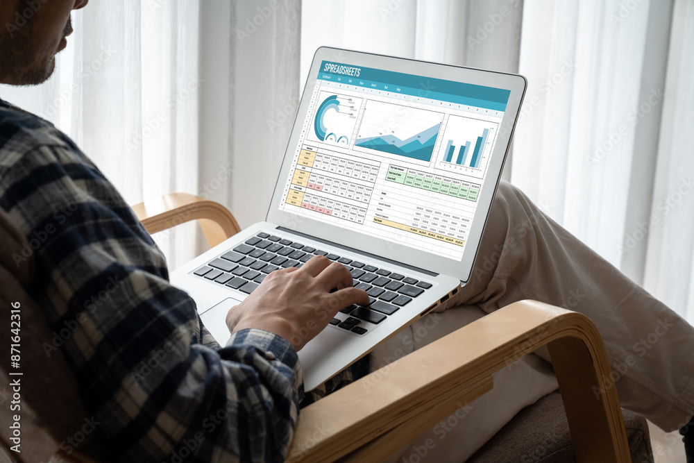 Poster spreadsheet document information financial startup concept. data and graphs in spreadsheet documents