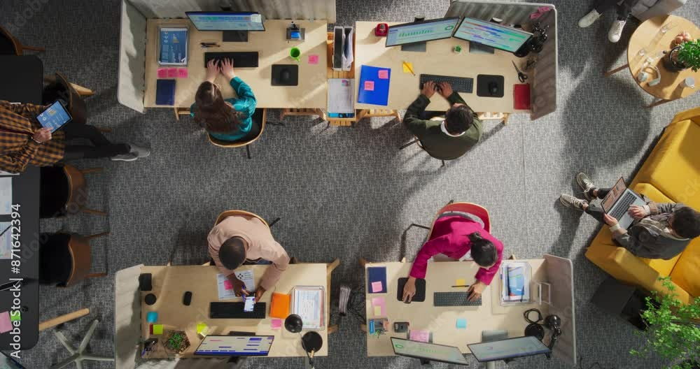 Poster top down view: diverse team of professionals working with digital projects in a corporate office of 