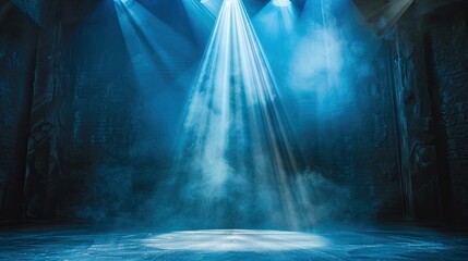 Fototapeta premium Dramatic blue spotlight on dim stage, creating stunning light contrast