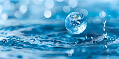 World Water Day banner with Earth in water on blue bokeh background. Concept World Water Day, Earth Conservation, Environmental Awareness, Blue Bokeh Background, Aquatic Theme