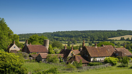 Quaint English countryside village with traditional oast houses.