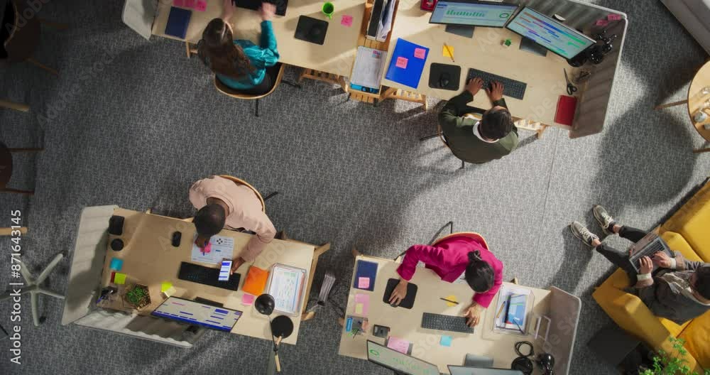Poster Zoom Out Top Down View: Diverse Team of Professionals Working in a Office. Businesspeople Analyze Data, Managing Projects, and Use Desktop Computers. Creative Workspace With Charts and Infographics.