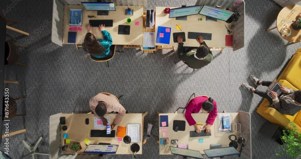 Poster top down view: diverse team of professionals working on digital projects in an office. businesspeopl