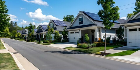 Charming street with singlefamily homes featuring solar panels on their roofs. Concept Solar Energy, Home Design, Sustainable Living, Residential Architecture, Renewable Energy