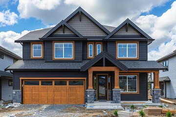 A modern two-story house featuring striking wooden accents and a spacious design, captured under a clear blue sky. Perfect example of contemporary architecture.
