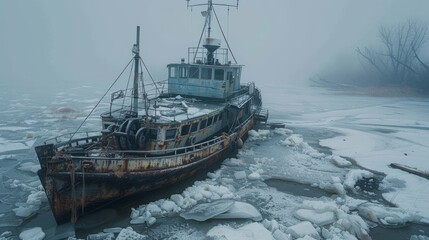 Abandoned vessel in icy river