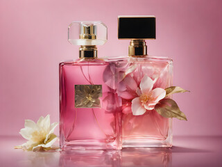 pink bottle of perfume with flower