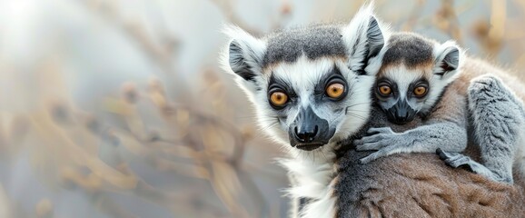 Obraz premium Ring-Tailed Lemur Mother With Her Baby Clinging To Her Back,High Resolution, Ultra HD