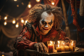 Obraz premium A Sinister Jester Performing Dark Magic In An Old Circus Tent