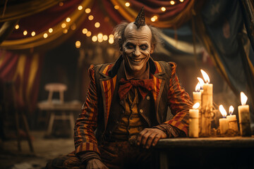 Obraz premium A Sinister Jester Performing Dark Magic In An Old Circus Tent