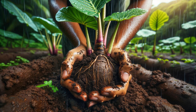 farmer&rsquo;s hands holding taro roots, close up. 