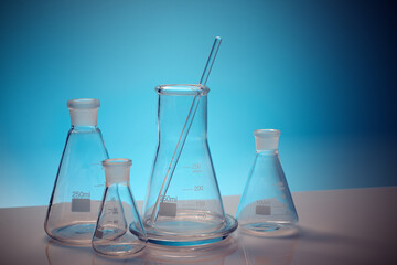 Empty glass flasks placed in a  laboratory table