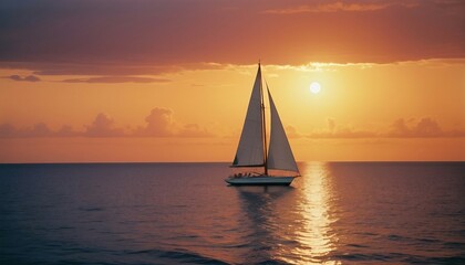 sailboat cruises at sunset in calm ocean water, copy space for text
