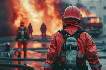 Naklejka premium Fireman in Protective Gear Facing Intense Fire Emergency Situation