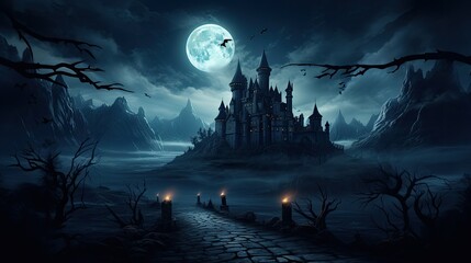 Fototapeta premium Graveyard cemetery to castle In Spooky scary dark Night full moon