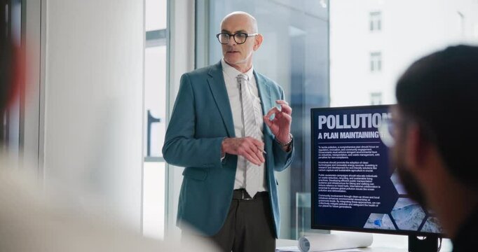 Business people, man and screen in office for presentation on pollution reduction for reputation management and innovation. Meeting, corporate sustainability and discussion for environmental impact.