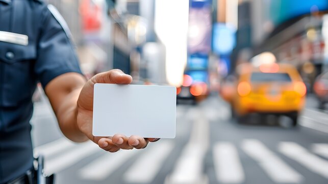 Police officer holding a blank card on a busy city street, with blurred traffic and buildings in the background.