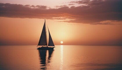 sailboat cruises at sunset in calm ocean water, copy space for text
