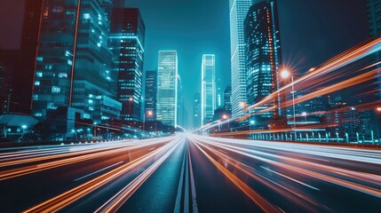 Fototapeta premium High-speed drive through an empty city street lined with tall, illuminated skyscrapers